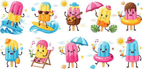Fototapeta premium Cute summer popsicle characters vector set featuring colorful ice cream mascots surfing relaxing playing music and enjoying sunny beach activities