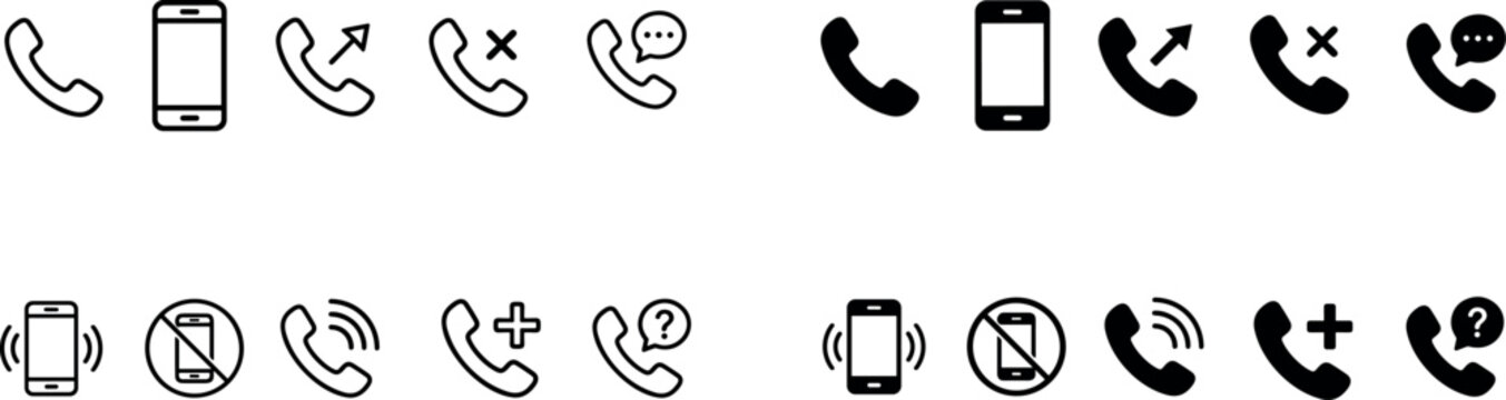phone call and mobile communication line icons set, telephone smartphone contact dial answer decline incoming outgoing missed call and vibration vector outline icon collection on transparent 
