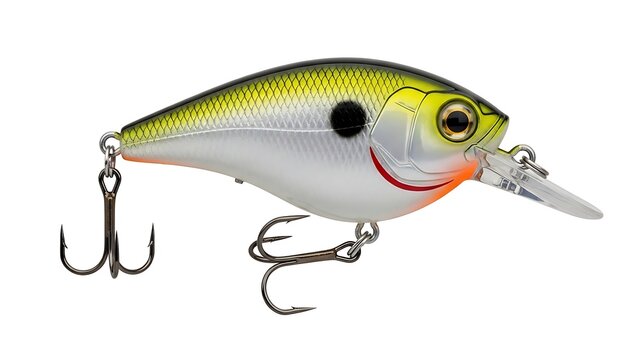 Fishing lure with yellow and white body and triple hooks