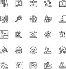 cnc manufacturing and industrial machine line icons set, milling lathe drill laser cutting tool automation engineering programming gcode technology vector outline icon collection on transparent  © Yurii