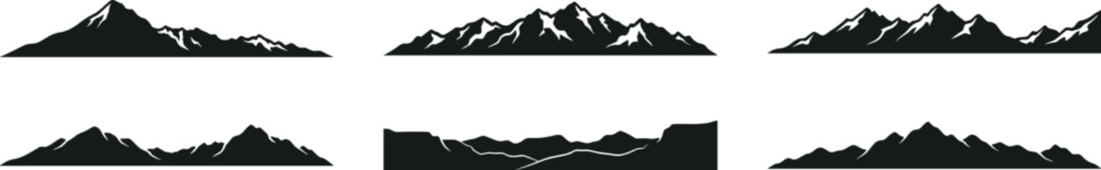 mountain range silhouette set, alpine peaks rocky landscape ridge summit terrain outdoor adventure vector illustration collection isolated on transparent background © Yurii