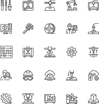 cnc manufacturing and industrial machine line icons set, milling lathe drill laser cutting tool automation engineering programming gcode technology vector outline icon collection on transparent 