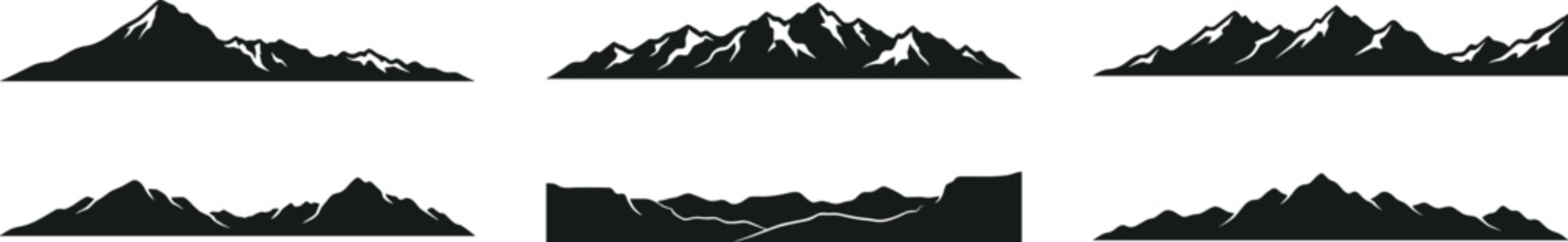 mountain range silhouette set, alpine peaks rocky landscape ridge summit terrain outdoor adventure vector illustration collection isolated on transparent background