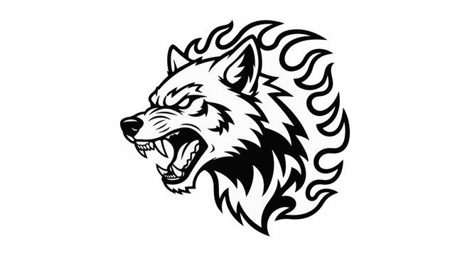 Fierce wolf head with stylized flames behind it, black and white