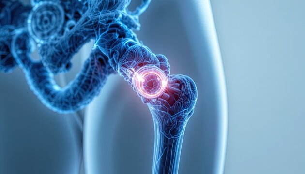 Hip Pain Illustration - Anatomical View of Hip Joint with Pain Indication