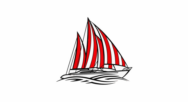 A stylized depiction of a two-masted sailboat with red and white striped sails on water