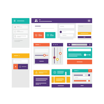 Colorful, geometric UI/UX elements and components displayed on a white background
