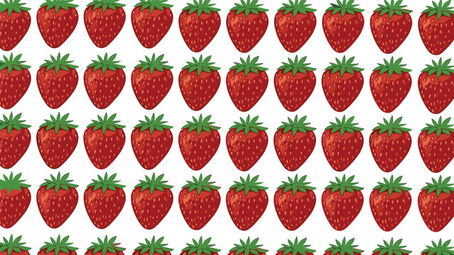 Regular grid pattern consisting of numerous identical ripe red strawberries with green stems repeated across a clean white background.