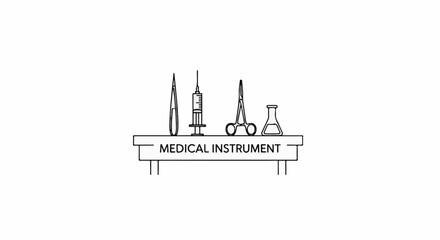 Fototapeta premium Line drawing of medical tools including tweezers, syringe, scissors, and flask on a table