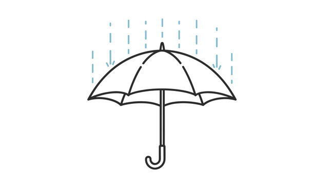 Simple black and white line drawing of an open umbrella protecting from falling raindrops indicated by dashed lines on a white background.