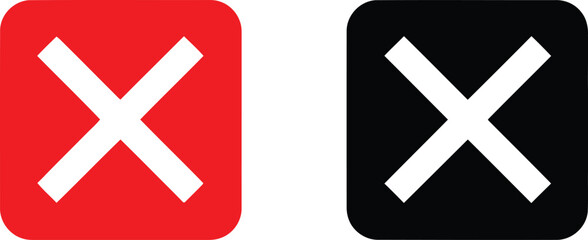 Obraz premium Red and black square icons with white cross symbols for delete or cancel actions on white background. Vector