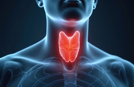 Glowing red thyroid gland illustration with human anatomy outline. Medical visualization of neck organ, endocrine system structure. Health care concept for internal body system.