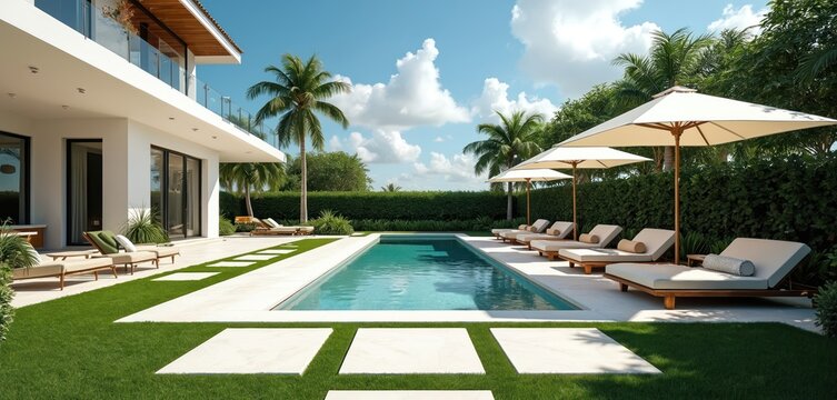 Modern luxury villa backyard with pristine swimming pool, sun loungers, and umbrellas. Rich green lawn and manicured hedges create a serene oasis.
