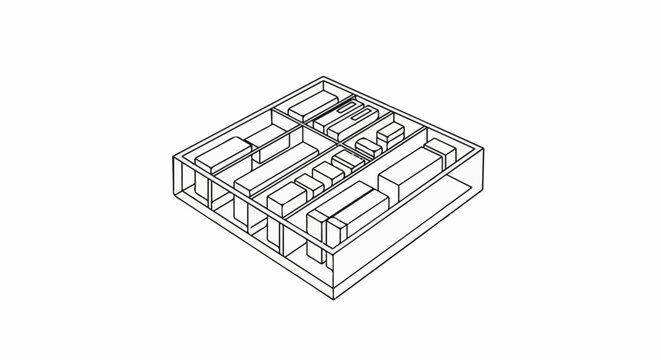 Isometric line drawing of a compartmentalized storage tray with various rectangular objects