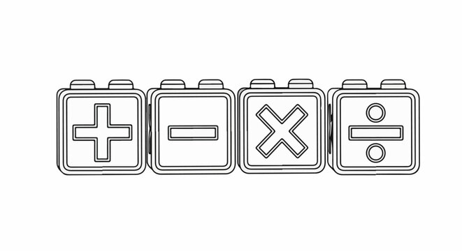 Row of four stylized building blocks depicting basic math symbols