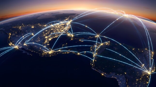Global network connections across Earth at night with glowing communication lines, digital connectivity, internet infrastructure, worldwide data exchange and technology concept