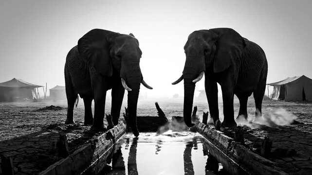 African elephants at watering hole in black and white silhouette, tusks and reflections, wildlife in nature