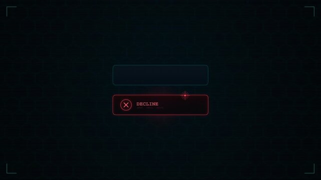 HUD interface displays a glowing cyan "CONFIRM" button with a crosshair targeting reticle alongside a dimmed "DECLINE" option, set against a dark grid-patterned background with corner frame markers