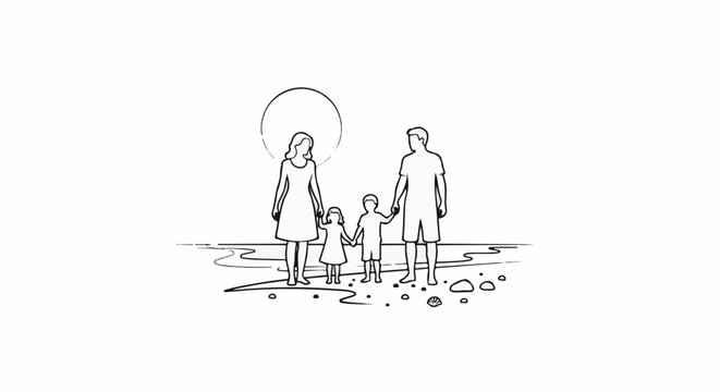 Family of four holding hands on a beach with a sun in the background