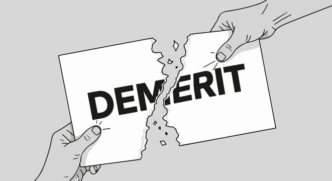 Hands ripping paper with "DEMERIT" text in bold black letters