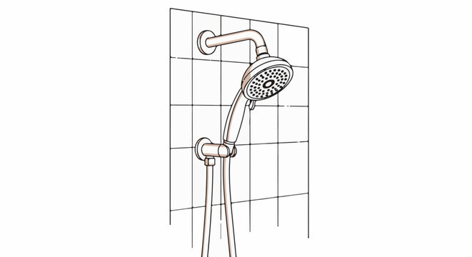 Handheld showerhead attached to wall-mounted pipe and tiled background