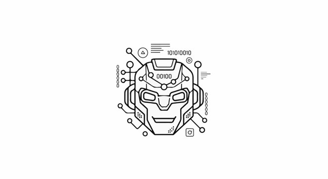 Stylized robot head with circuitry and binary code accents