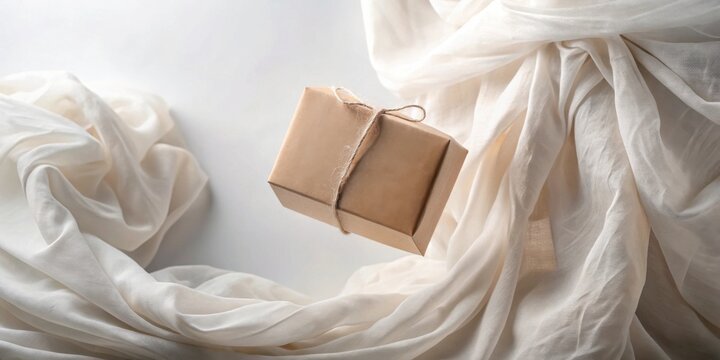 A delicately wrapped gift box floats amidst a flowing expanse of soft, ivory fabric, creating an elegant and ethereal scene