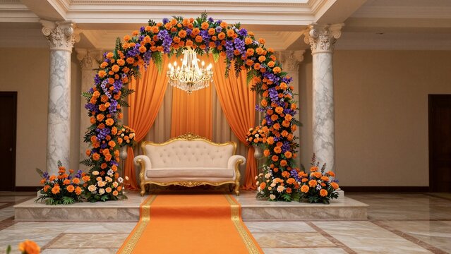 Elegant wedding mandap with orange drapes, floral arch, and chandelier. Ornate sofa on a raised platform.