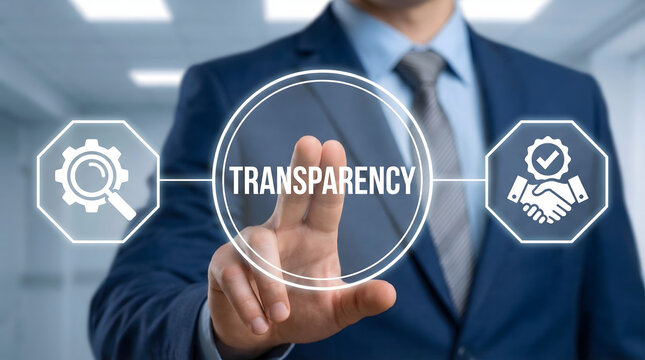 Businessman touching virtual transparency screen with icons in a bright office environment