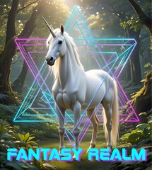 Naklejka premium Majestic White Unicorn in Enchanted Magical Forest with Hummingbirds 3d t shirt