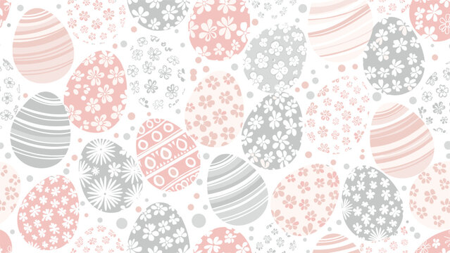 Easter eggs seamless pattern with delicate floral and stripe patterns in soft pink gray and white colors for springtime.