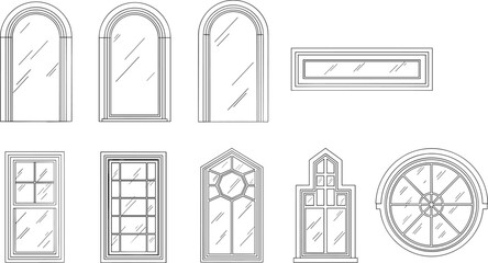 Fototapeta premium Architectural window collection vector illustration line art classic arched frames glass panels facade design decorative elements modern minimal style