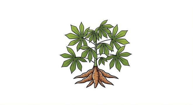 Cassava plant illustration showing green palmate leaves and brown root tubers isolated on a white background