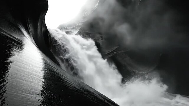 Epic waterfall cascading through a narrow, reflective cavern with bright light in black and white