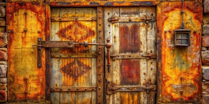 Ancient Wooden Door with Rusty Metal Accents and a Hanging Lantern