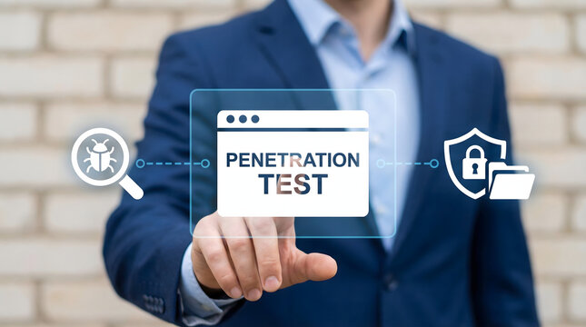Corporate expert engaging with virtual cybersecurity icons for penetration testing concept