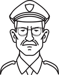 Obraz premium Hand Drawn Elderly Police Officer Man Black and White Illustration in Minimal Line Art Style Design