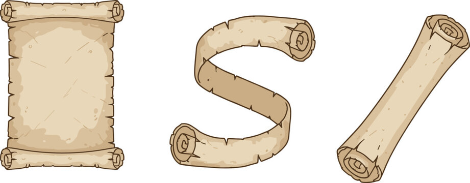 Vector illustration of parchment scrolls in rolled, partially rolled, and unrolled antique styles