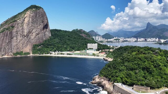 Rio De Janeiro Skyline In Rio De Janeiro Brazil. Breathtaking Aerial View Of A Lush Tropical Coastline Scenery. Coast Horizon Seaside Summertime. Coast Panning Wide. Rio de Janeiro Brazil.