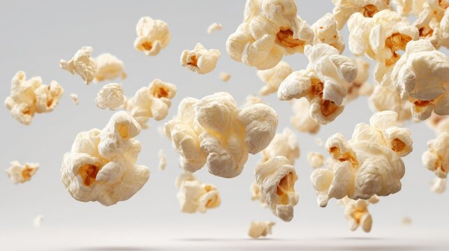 Popcorn pieces suspended in mid-air as if just popped, pure white background