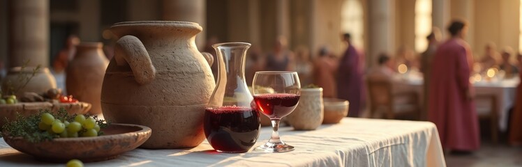 Fototapeta premium Ancient stone jars and glasses filled with red wine. Grapes and herbs garnish table at feast. Blurred figures attend banquet indoors with soft light. Religious celebration scene with pottery.