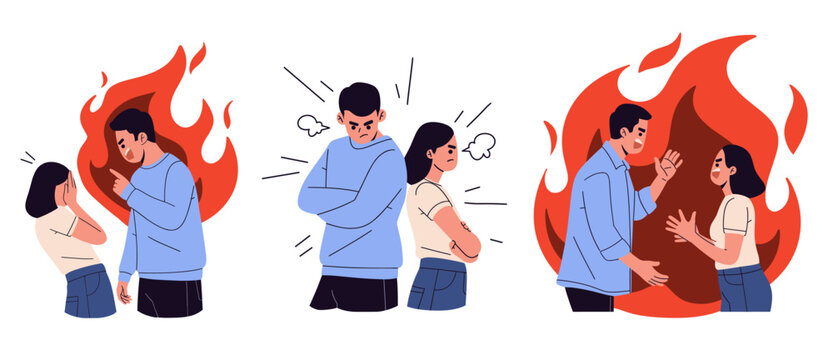 illustration a couple emotional struggle, depicting a heated argument with fiery backgrounds symbolizing conflict and frustration. ideal for topics related to relationship dynamics, communication isue
