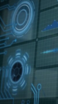 Vertical video: Camera panning, display wall pulsing, rotating and updating to show system status