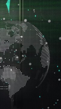 Vertical video: Dotted globe turning on screen after start, showing lands with teal dots for tech