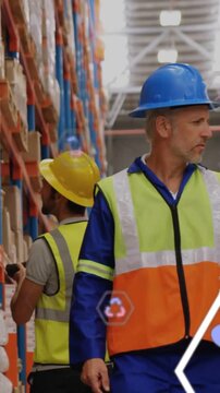 Blue-hat lead walking warehouse aisle while picker scanning racks with scanner, showing AR metrics