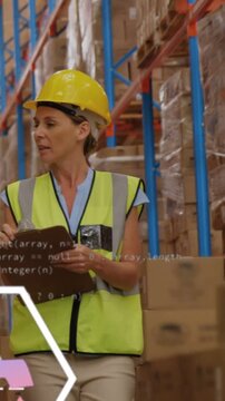 Vertical video: Worker walking aisle, AR icons appearing over racks, reading clipboard for stock