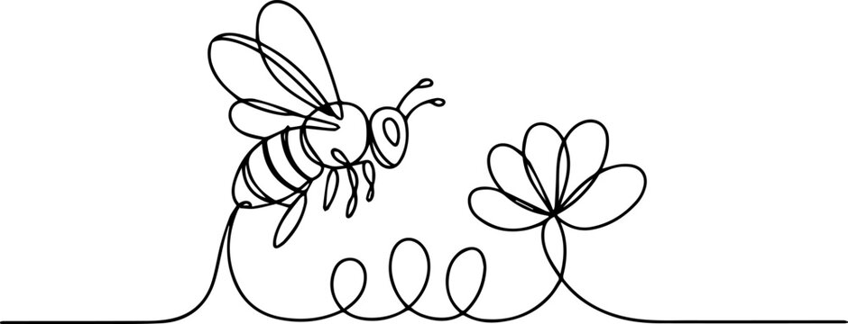 Continuous one line drawing of flaying bee and flower.one line  vector illustration  with out background, Continuous one line drawing of elegant honey bee for company logo identity. Organic honey farm