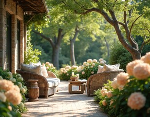 Fototapeta premium Wicker furniture on paved patio with blooming hydrangeas. Comfortable seating area surrounded by green trees and garden plants. Relaxing outdoor space.