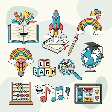 Colorful illustrated collection of education-themed objects on a neutral background