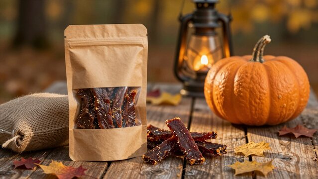 Crafted beef jerky in a brown paper bag with autumn leaves, pumpkins and lanterns on wooden table.